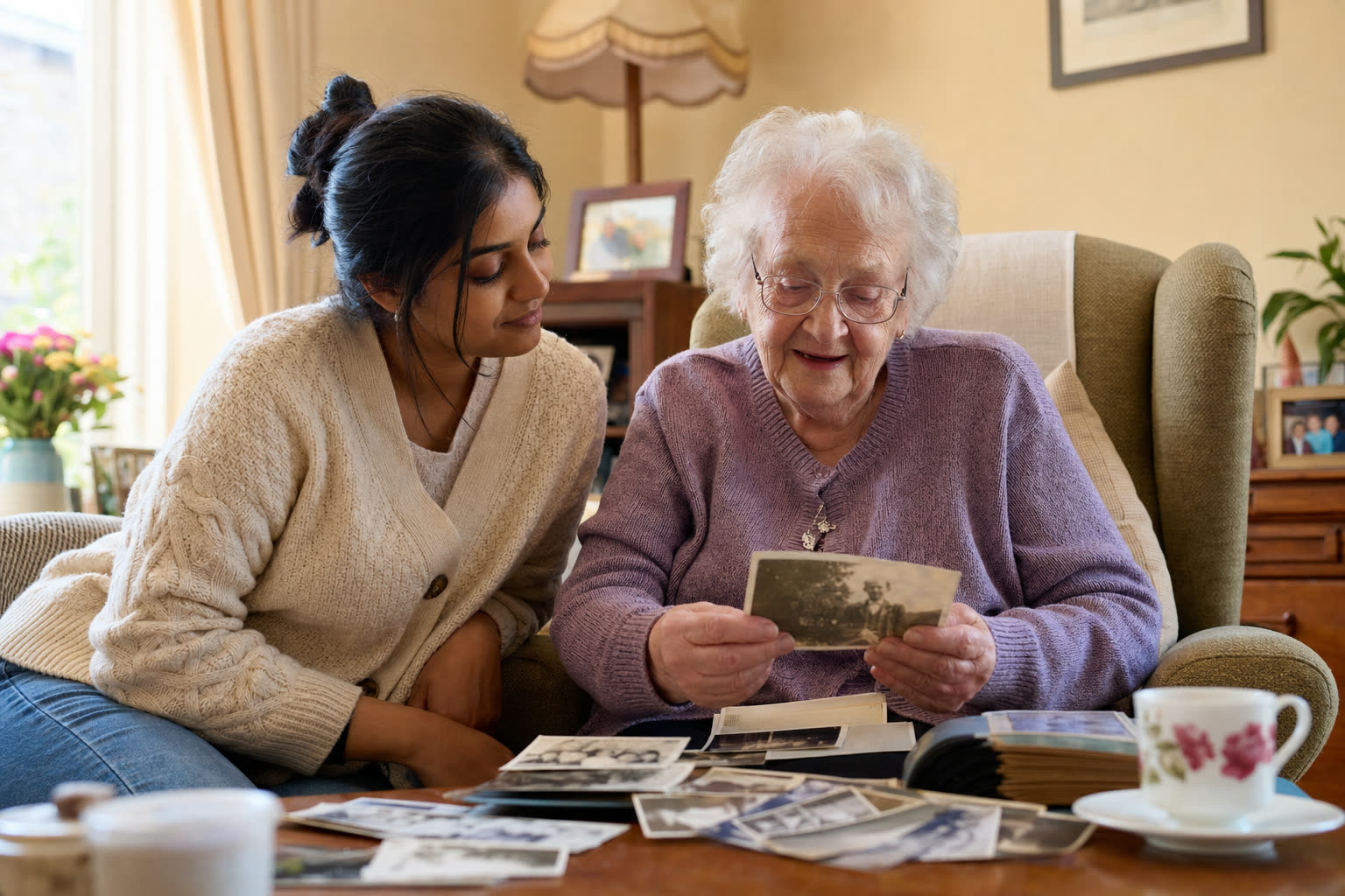 A young carer sitting with an older woman looking at old photographs