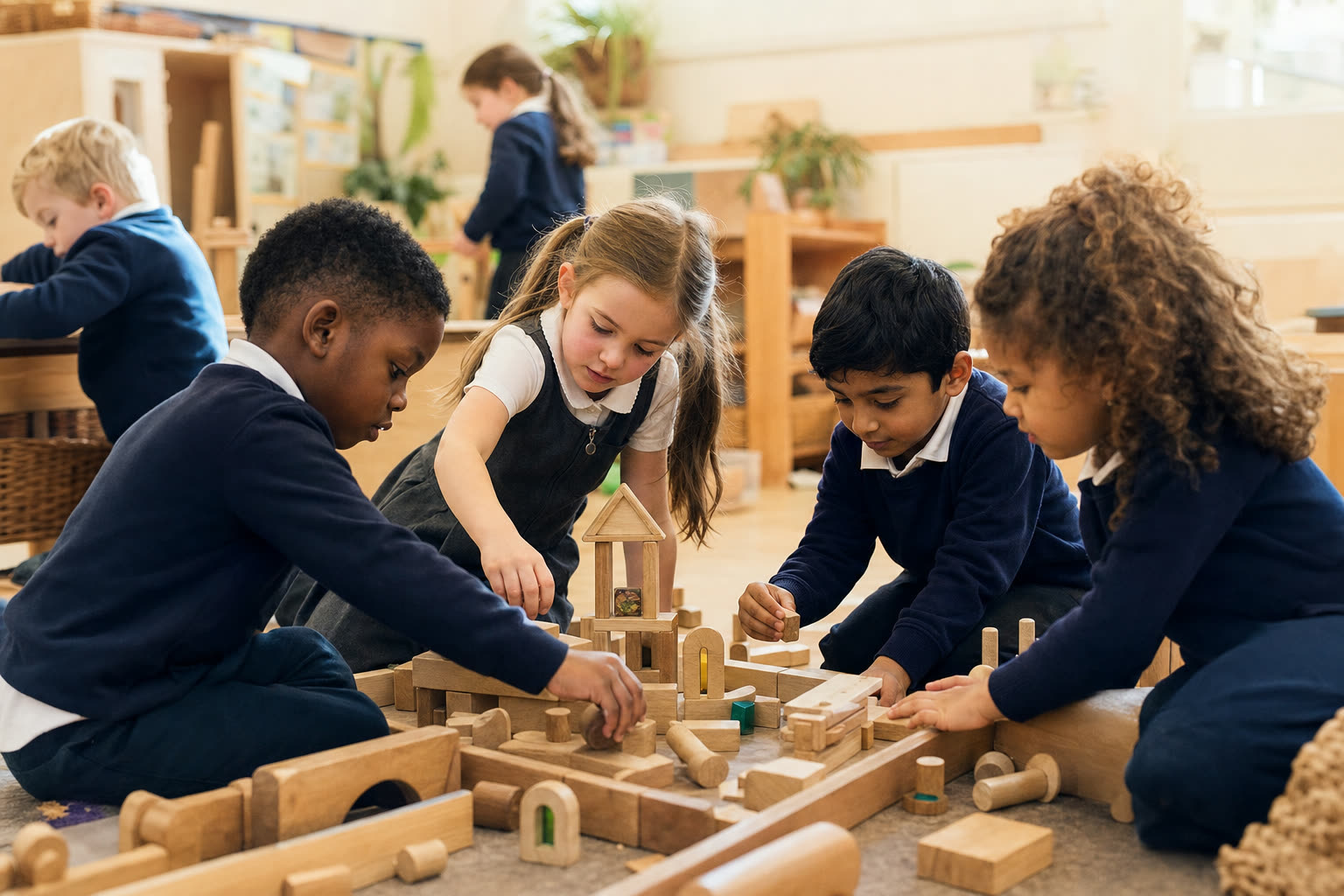 Diverse group of primary-school children playing together
