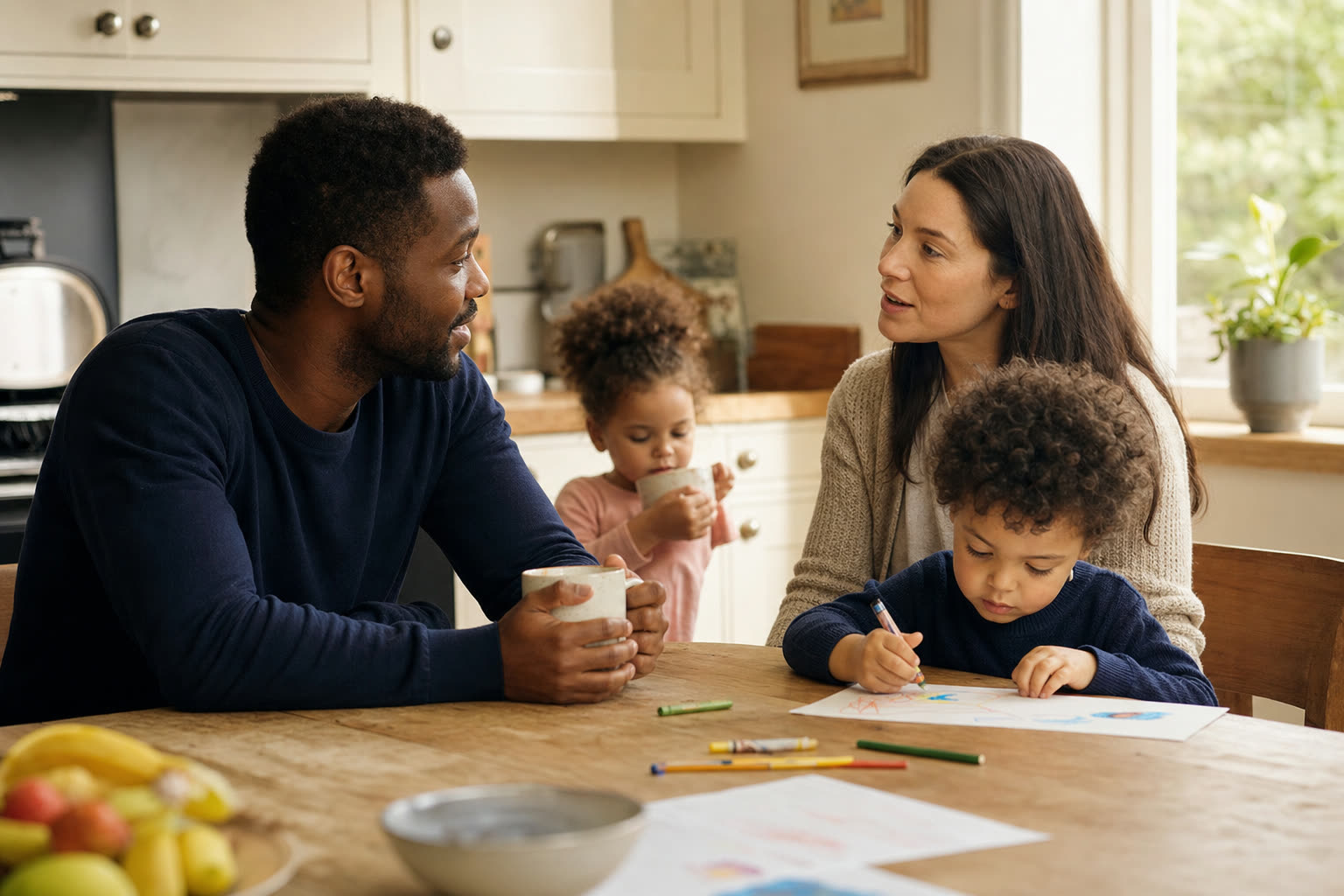 A mixed-heritage family together at the kitchen table