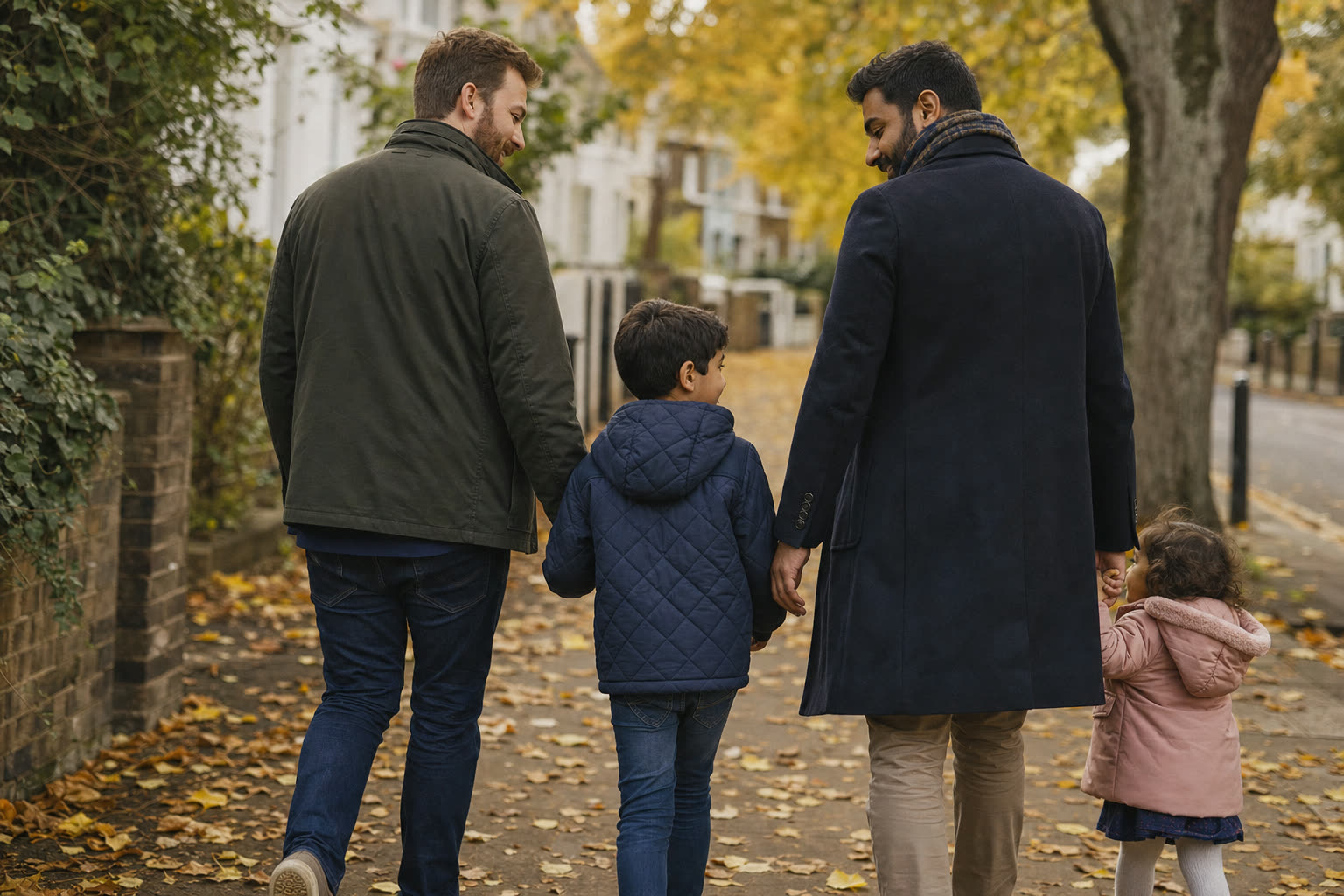 Two fathers walking with their children