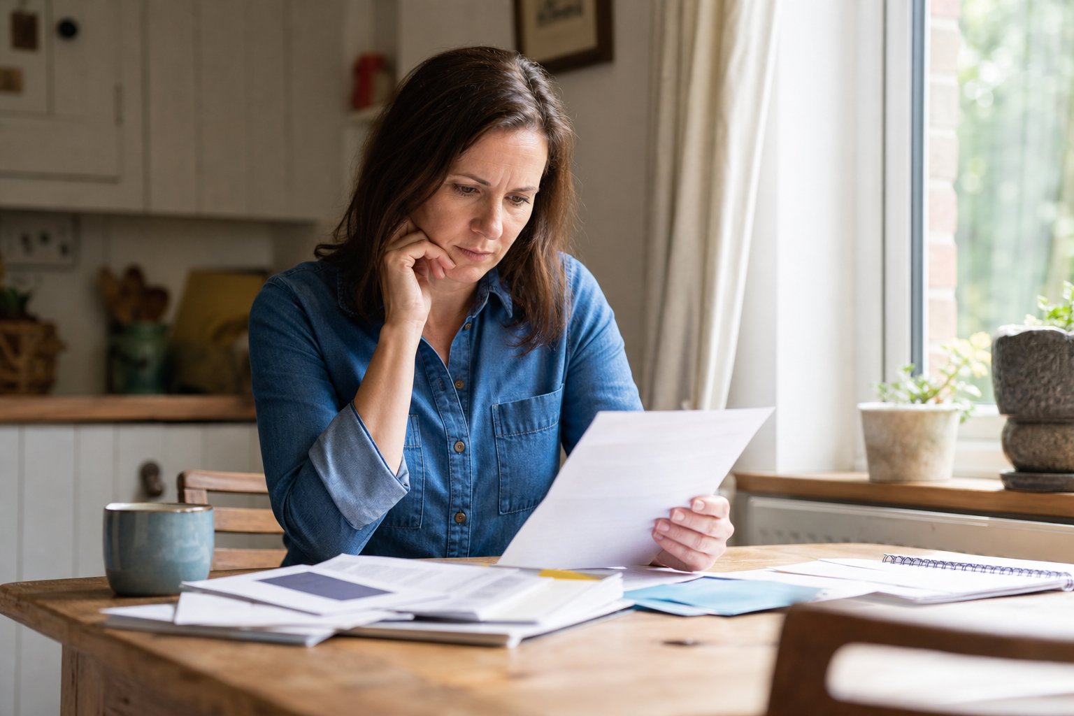 Concerned family member reviewing care documents
