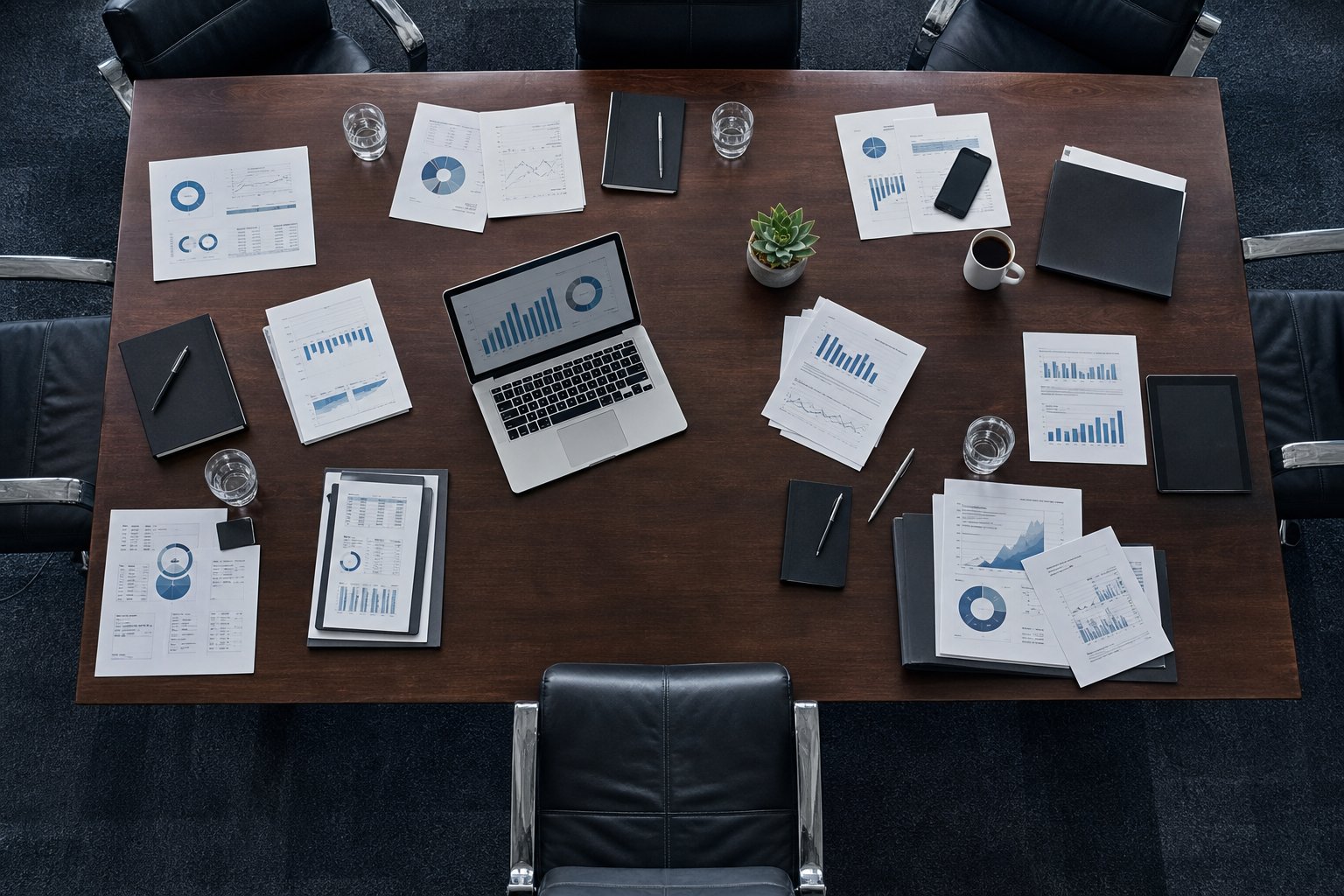 Overhead view of governance boardroom with care quality reports