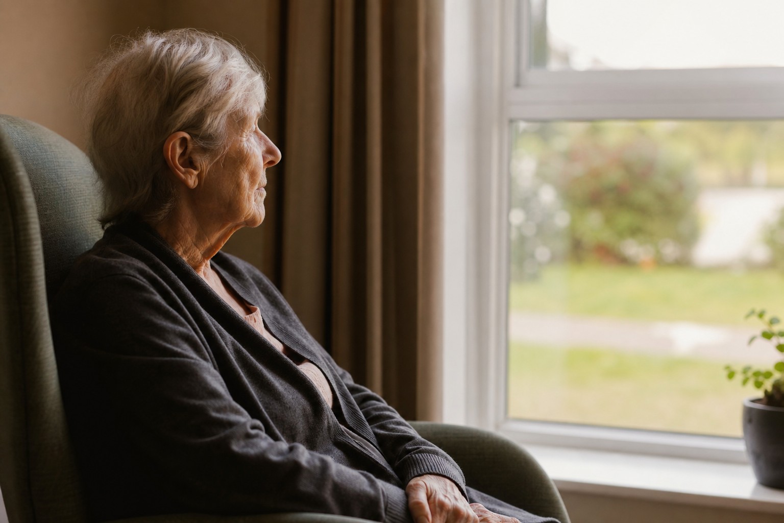Elderly person looking out of a window, reflecting the people ORVIA supports