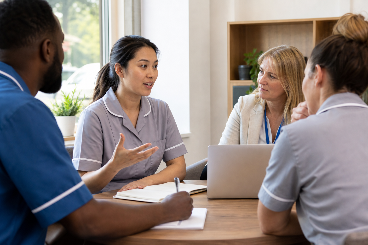 Care worker raising a concern in a team meeting
