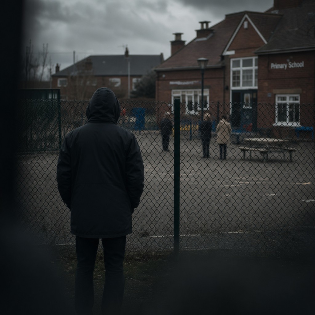 A figure watching a school from outside — the threat that goes unnoticed