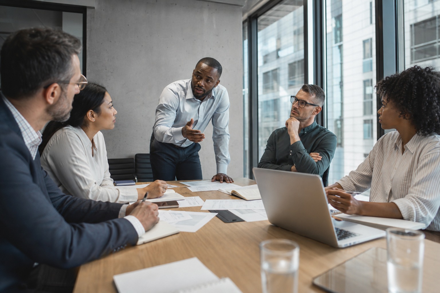 Diverse professionals in boardroom, one challenging the group — accountability without fear