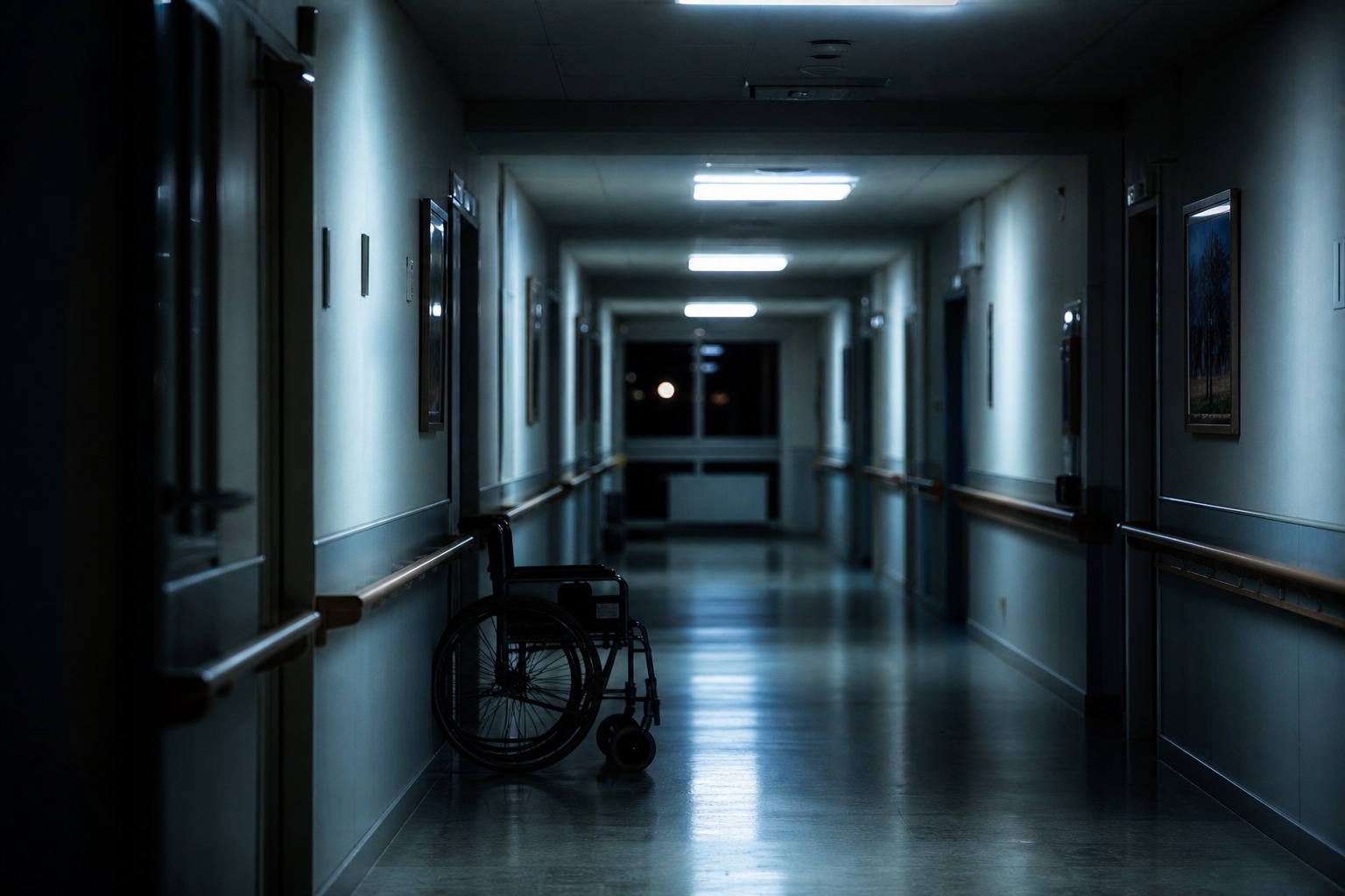 Empty wheelchair in a dimly lit care home corridor — the gap between governance documents and reality