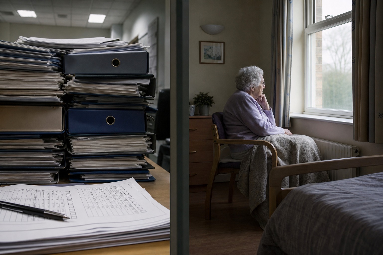 Compliance folders on left, elderly woman alone by window on right — the gap between paperwork and people