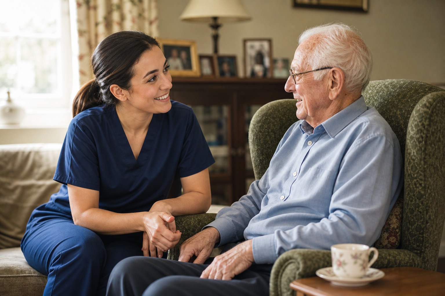 Care worker engaging warmly with elderly man — what human-centred care looks like