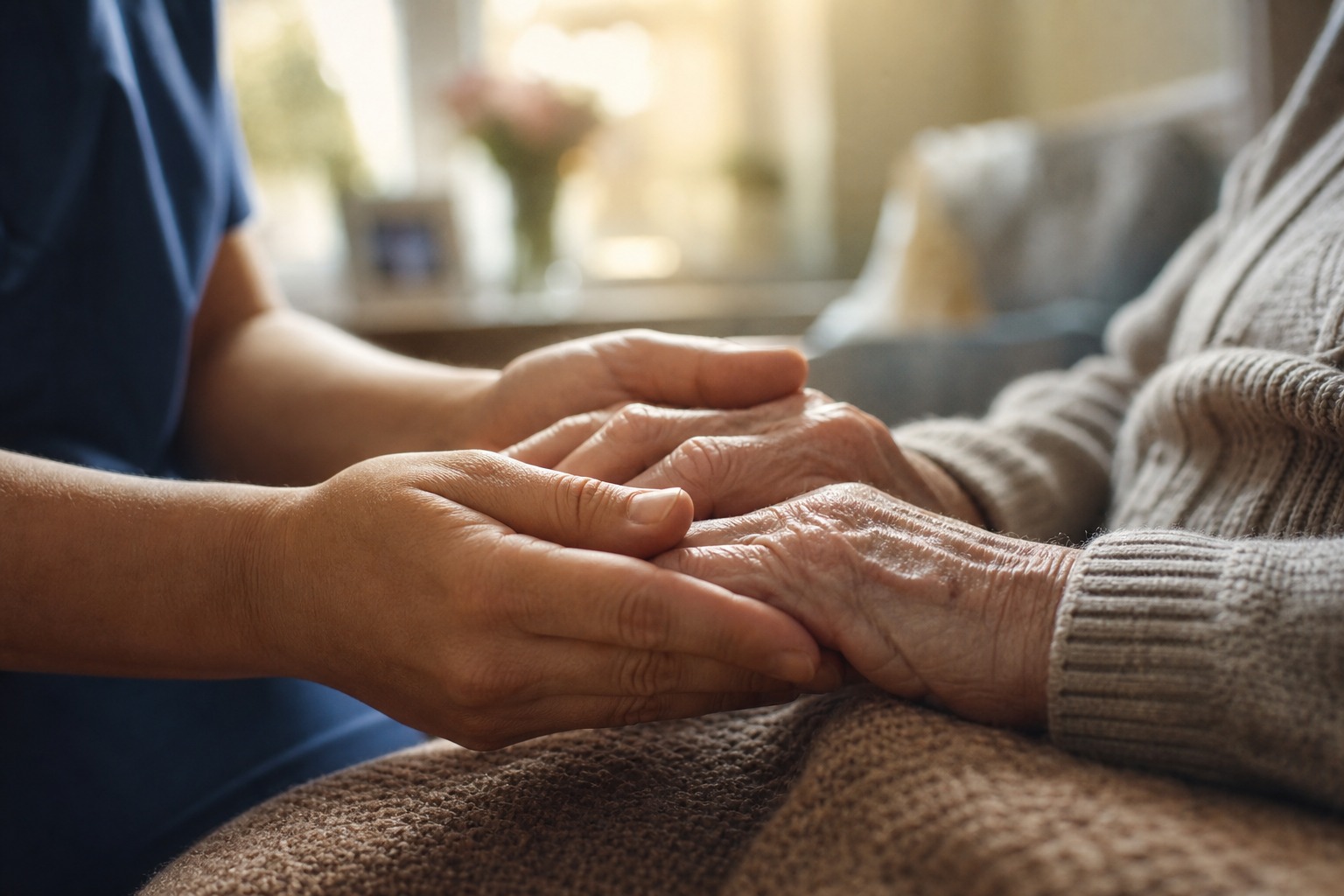 Care worker gently holding elderly person’s hands in warm light — what safeguarding is really about