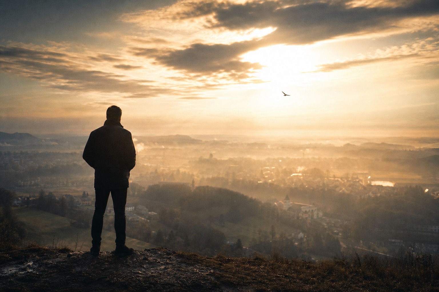 Man standing on hilltop at dawn with bird soaring — the ORVIA philosophy of seeing what others miss