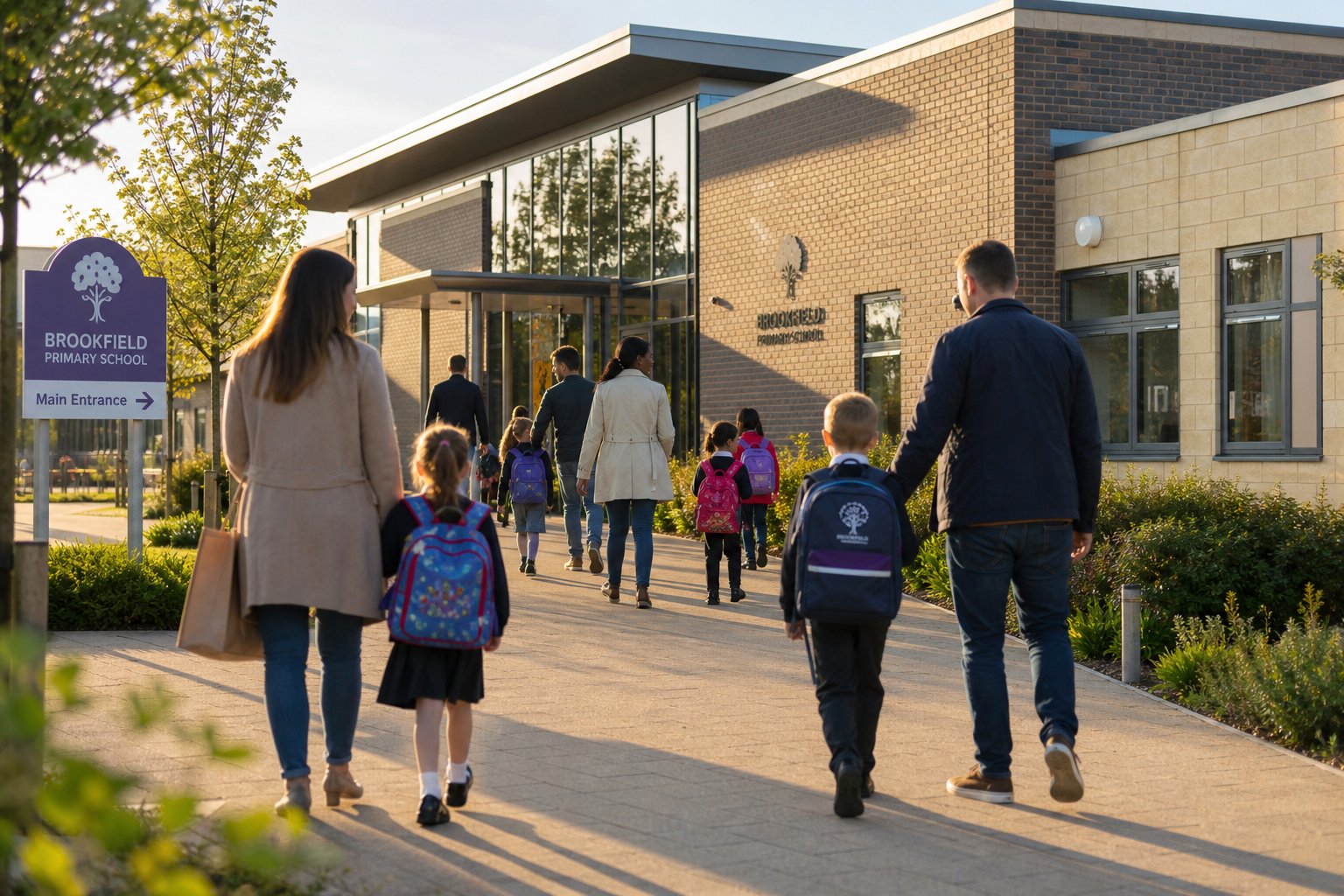 Parents and children arriving at school in morning light